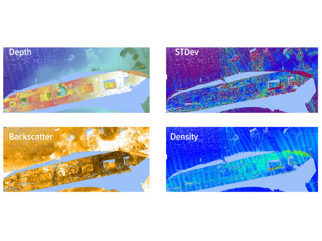 NORBIT DCT: Tiefenansicht, Backscatter, Standardabweichung und Messpunktdichte