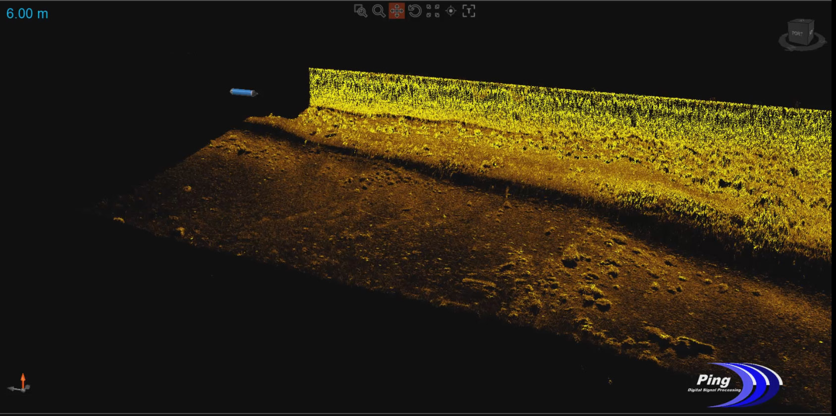 3DSS 3D-Side-Scan-Aufnahme einer Unterwasserwand mit Gewässerboden